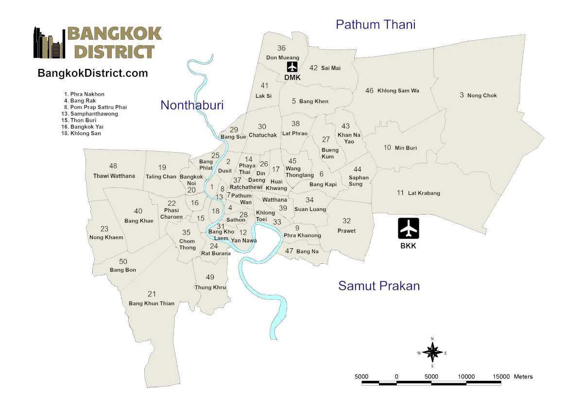 Bangkok District Map with All 50 Districts
